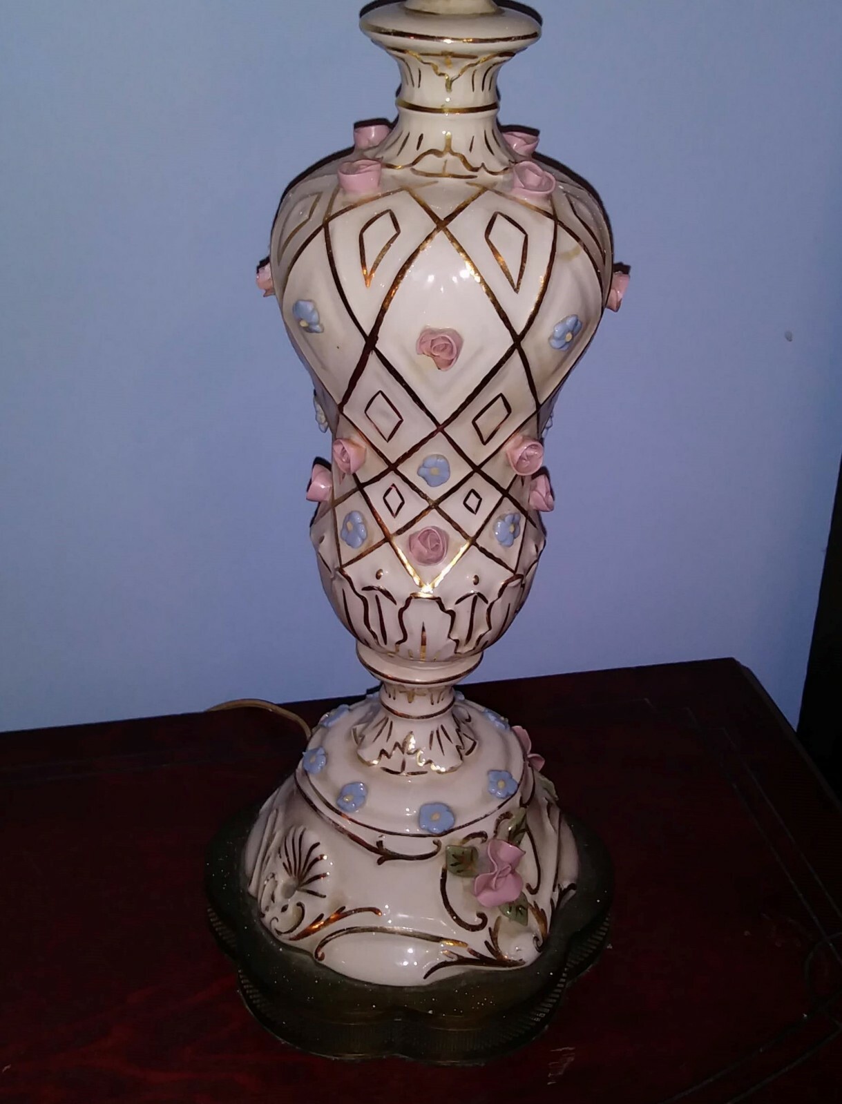 Capodimonte style Lamp Rose and Forget me nots Porcelain