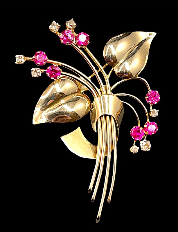 RARE 40'S CORO PEGASUS SOLID 10K GOLD DIAMOND PINK SAPPHIRE FLORAL