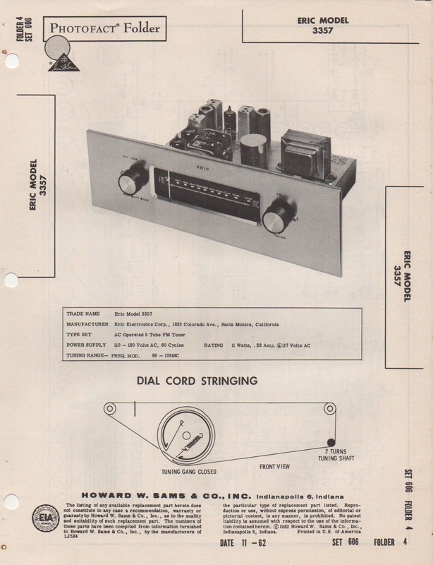 1962 ERIC 3357 FM TUNER RADIO SERVICE MANUAL PHOTOFACT SCHEMATIC