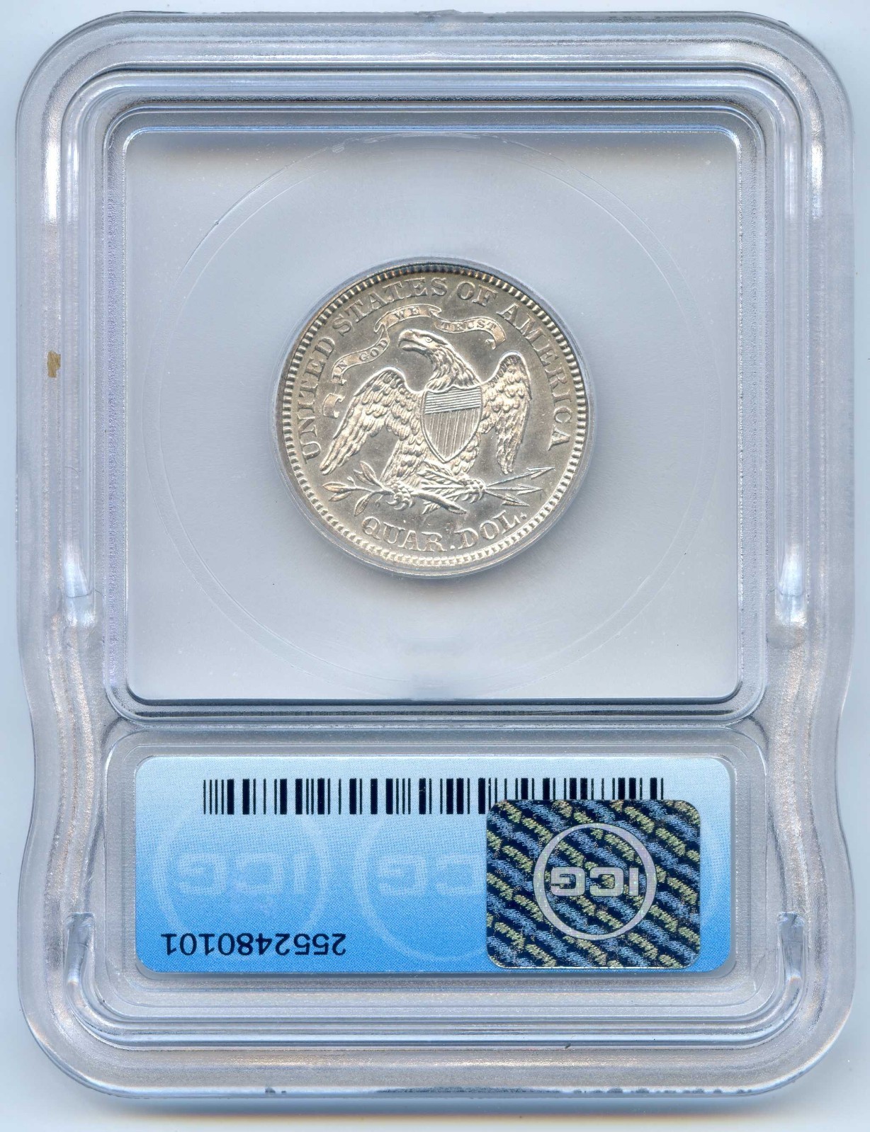 1867 Seated Liberty Silver Quarter. ICG Graded MS 63. Lot #2688