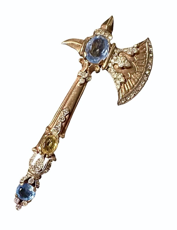 RARE Vtg 1941 Philippe TRIFARI Rhinestone AXE Figural Brooch Pin