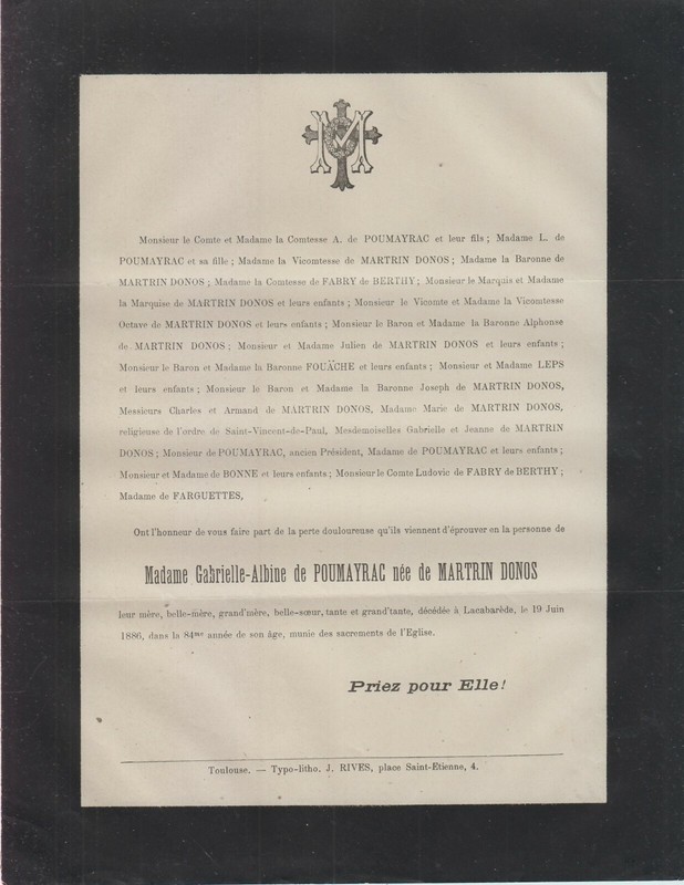 1886 Faire-Part DÃ©CÃ¨S Mme Gabrielle-Albine De Poumayrac NÃ©E De Martrin-Donos.