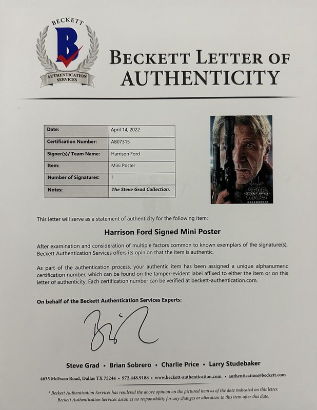 Harrison Ford Han Solo Star Wars Force Awakens Signed 12x18 Mini