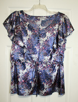 Anonymity Womens L Blue Purple Abstract Print Silky Blouse Top New