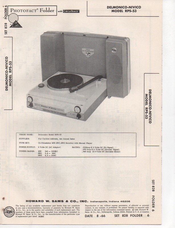 1966 DELMONICO NIVICO RPS-53 RECORD PLAYER AMPLIFIER SERVICE MANUAL PHOTOFACT