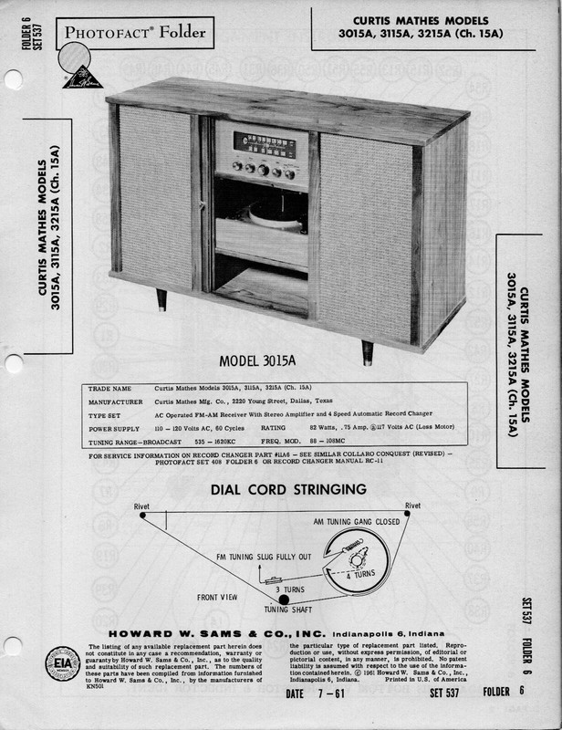 1961 CURTIS MATHES 3015A PHONO RADIO SERVICE MANUAL PHOTOFACT SCHEMATIC