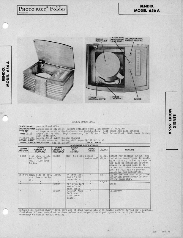 1946 BENDIX 656A RADIO SERVICE MANUAL PHOTOFACT SCHEMATIC RECORD PLAYER PHONO