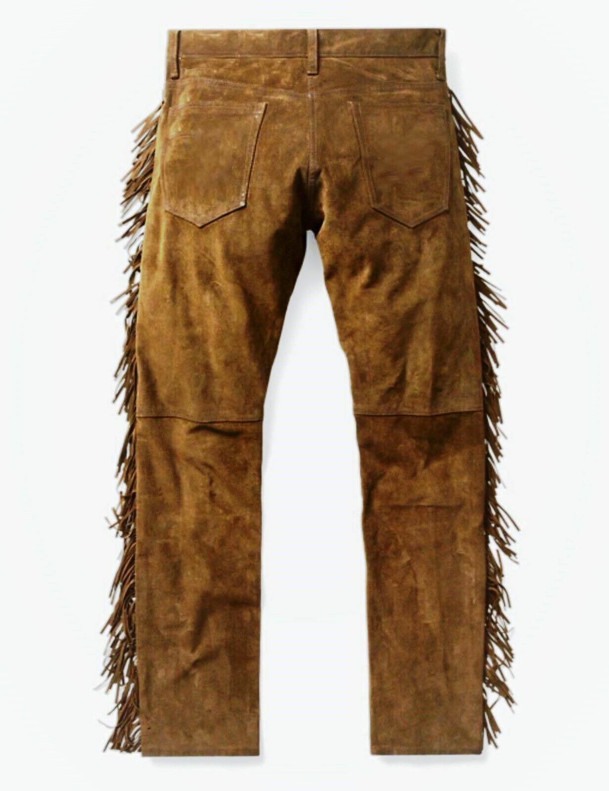 Pre-owned Handmade Mens Western Cowboy Brown Suede Leather Mountain Man Fringes Shirt & Pant Wst114