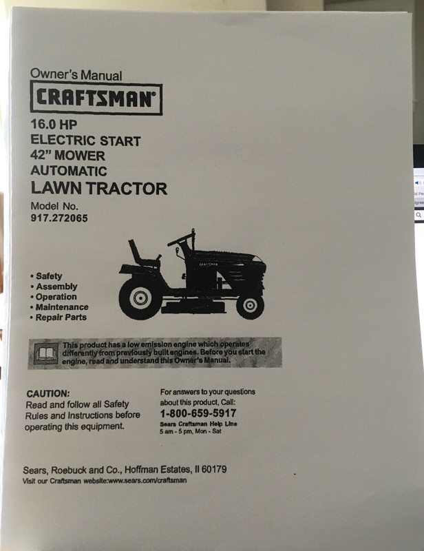 Owner's Manual Sears Craftsman 16 HP Lawn Tractor 42” Mower