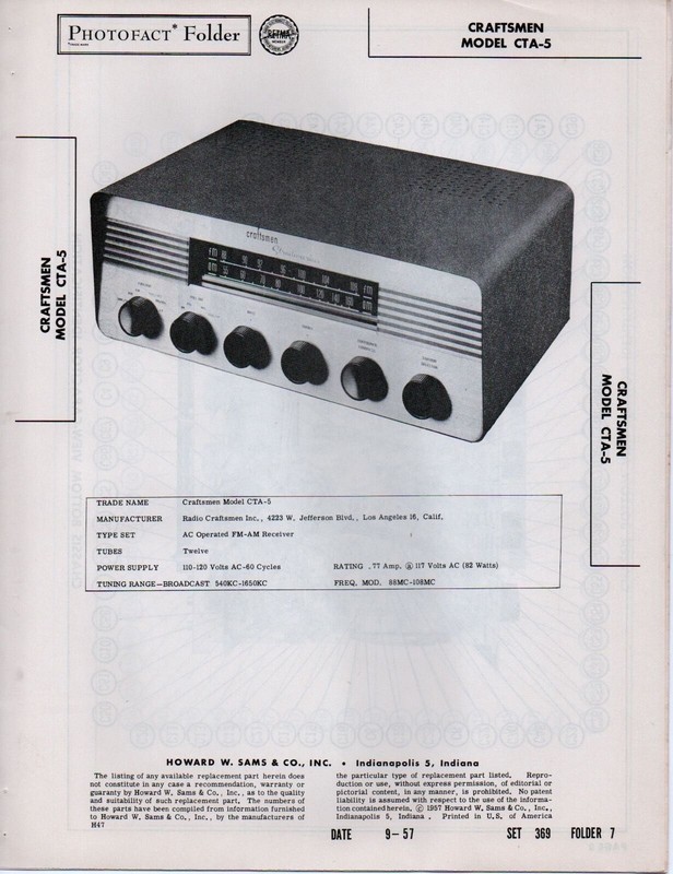 1957 CRAFTSMEN CTA-5 RADIO SERVICE MANUAL PHOTOFACT SCHEMATIC DIAGRAM