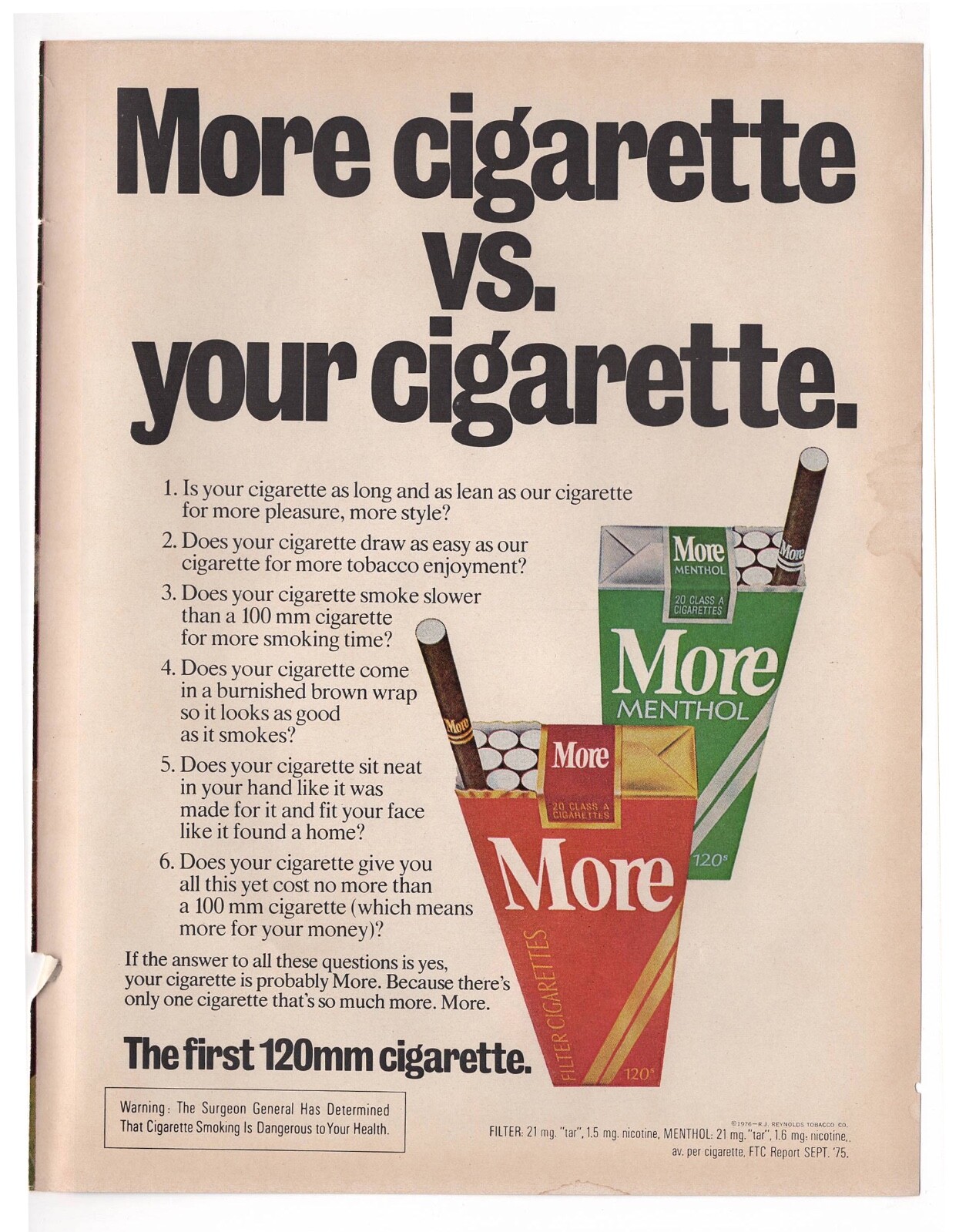 vintage 1970s magazine print ad MORE 120s vs Your Cigarettes