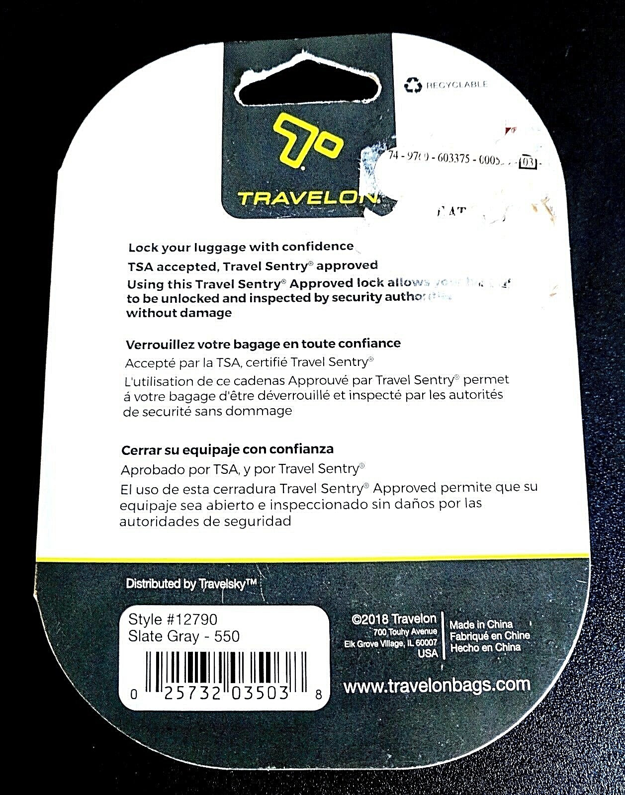 Travelon TSA Accepted Luggage Lock Slate Gray New