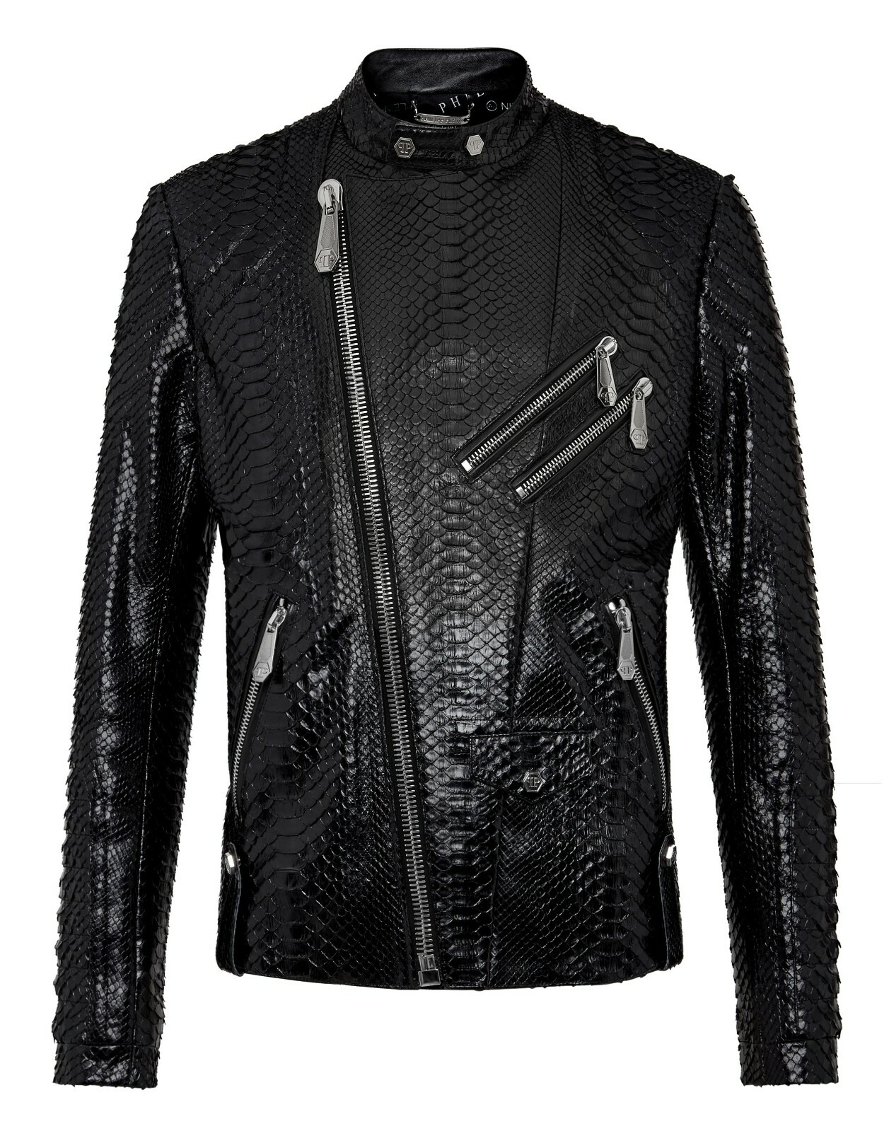 Pre-owned Philipp Plein Real Python Leather Men Black Exotic Skin Motorcycle Biker Jacket
