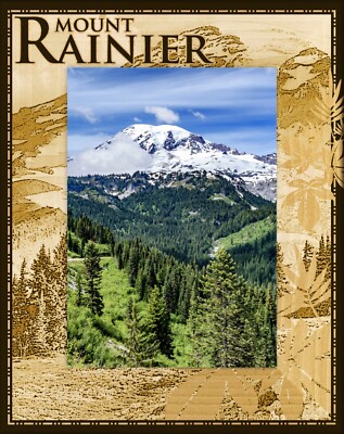 Mount Rainier Mt. Scene Laser Engraved Wood Picture Frame Portrait (5 x 7)