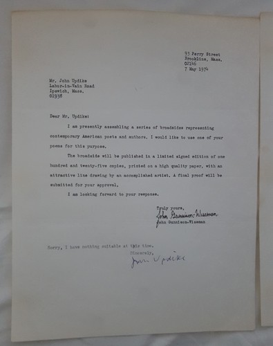 JOHN UPDIKE, GUNNISON - WISEMAN LOT, 2 TYPED LETTERS, POST CARD ENVELOPE ALL SIG