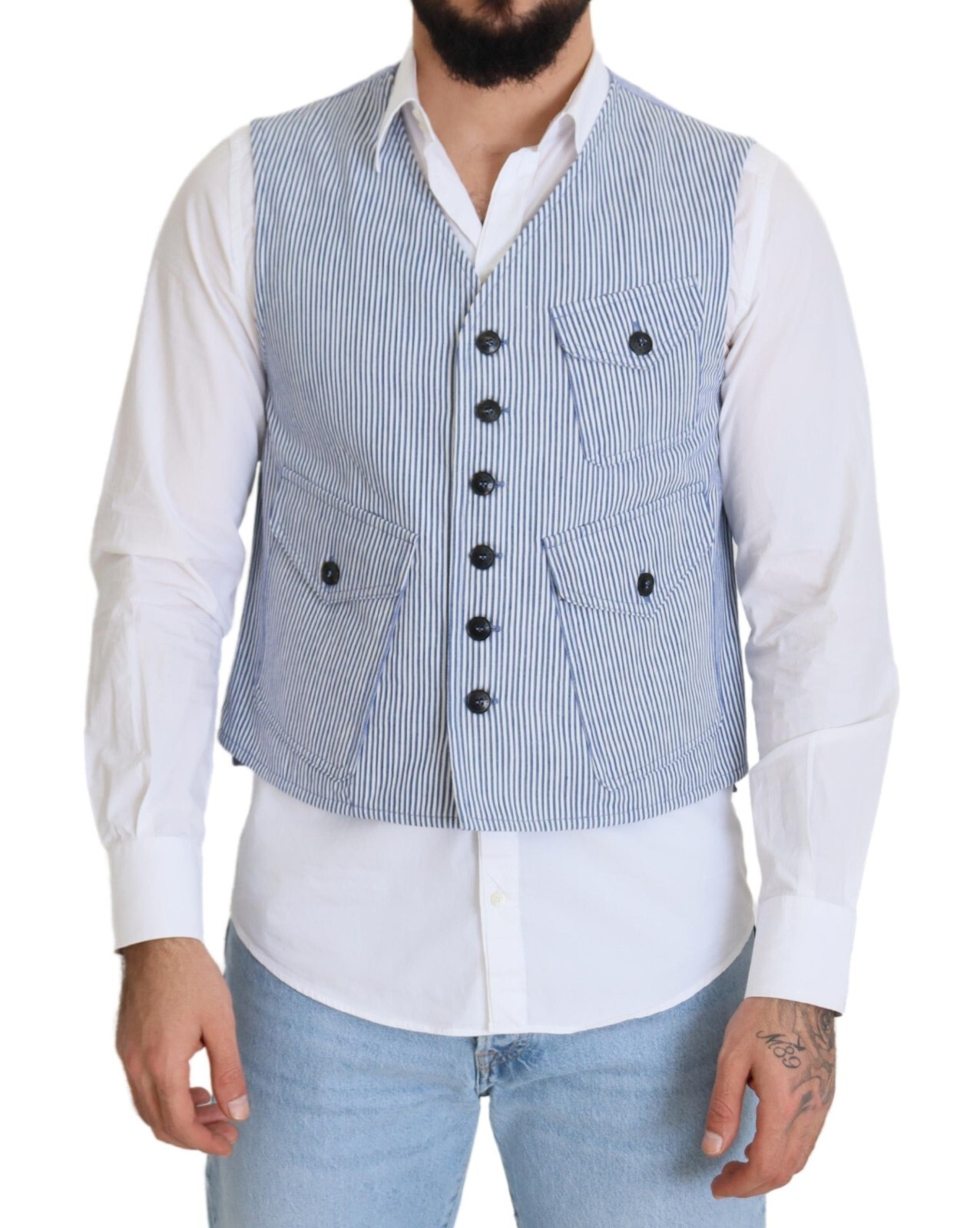 

FORTELA Жилет Голубой полосатый жилет Деловой пиджак IT50/US40/ Рекомендуемая розничная цена 400 долларов США, Синий