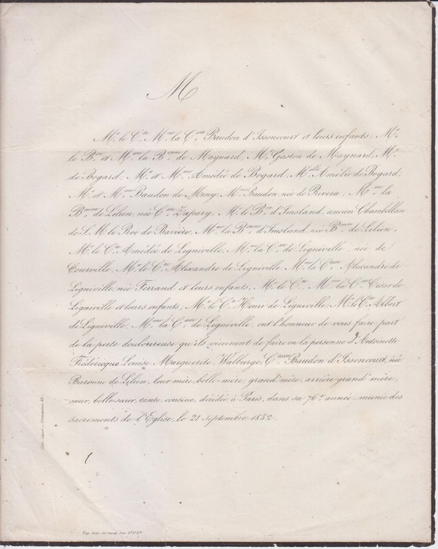 1852 Faire-Part DÃ©CÃ¨S Comtesse Baudon D'Issoncourt NÃ©E Baronne De Lilien - Paris