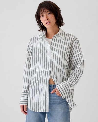 売れ筋商品|||ラッキーブランド カットソー トップス レディース Women's Cotton Poplin Oversized Button-Back Shirt Green Stripe Women's Oversized Cotton Button Down Shirt - T-Shirts & Tops