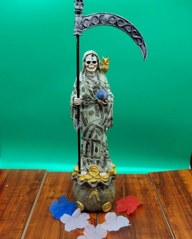 La Santa Muerte Dinero 14" Death Money Print  statue grim reaper on money bag 
