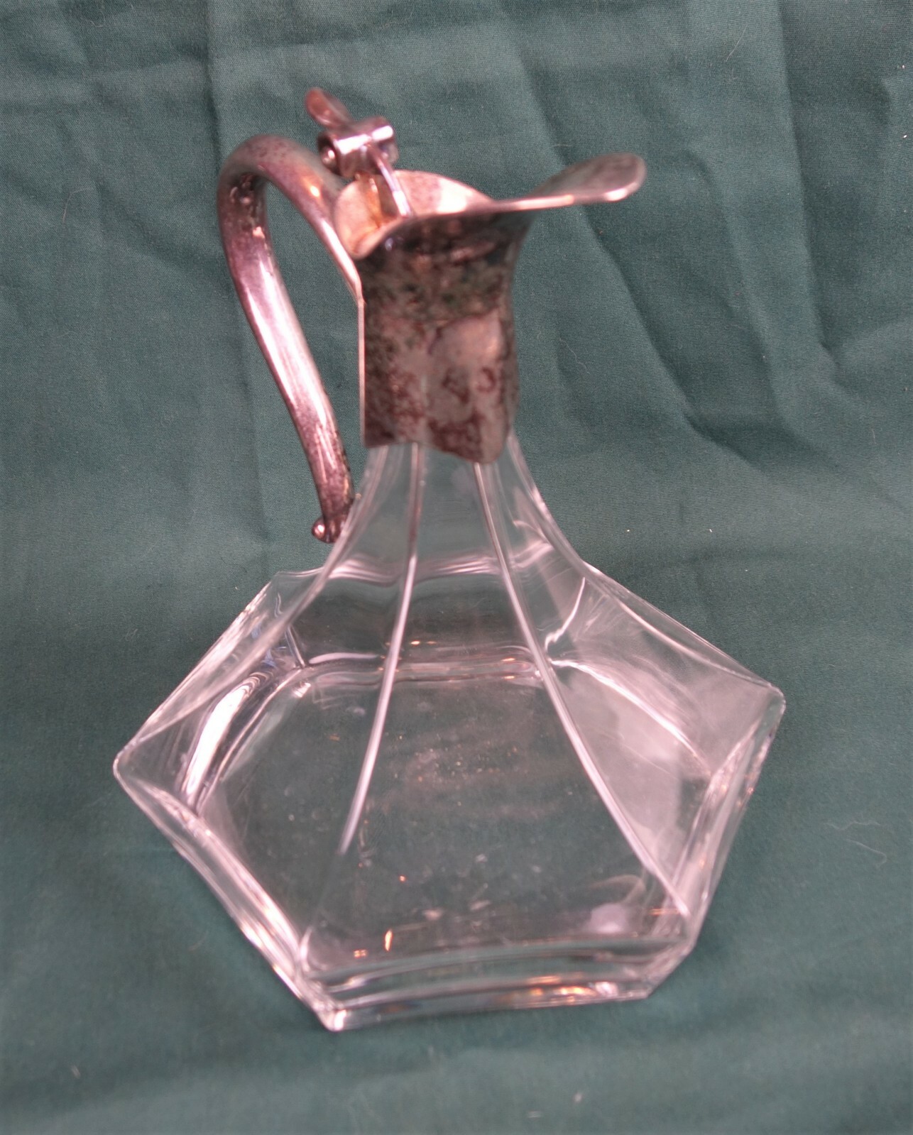 Antique Glass and Silver Plated Art Deco Hexagon Wine Decanter Pitcher