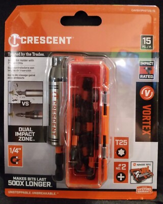 Crescent Vortex Dual Impact Bit Holder 15pc Kit T25 and PH2 Bits & Case - Best$!