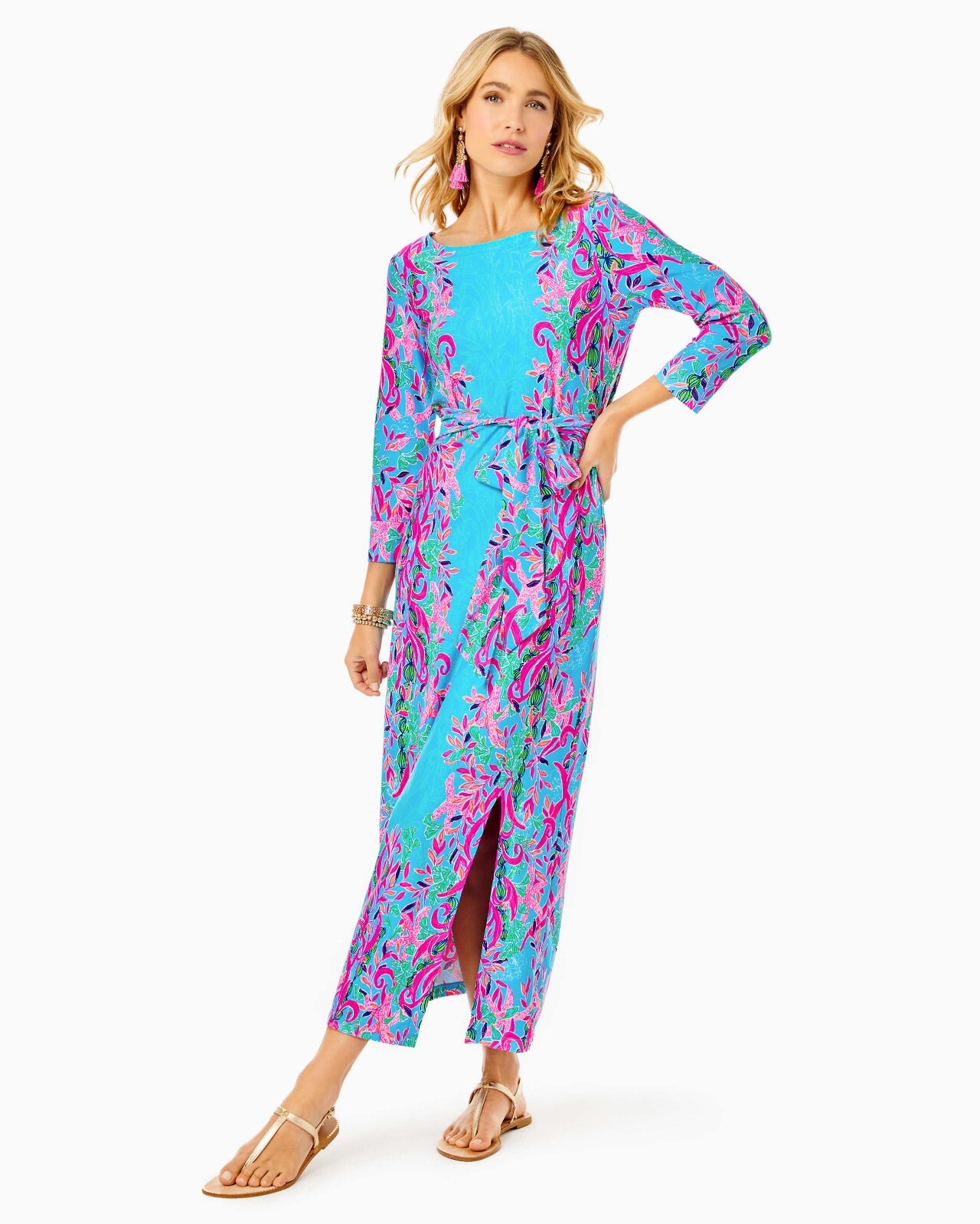 Pre-owned Lilly Pulitzer $298  Carabella Chillylilly Midi Dress Seaweed Samba S M L In Blue Pink Orange