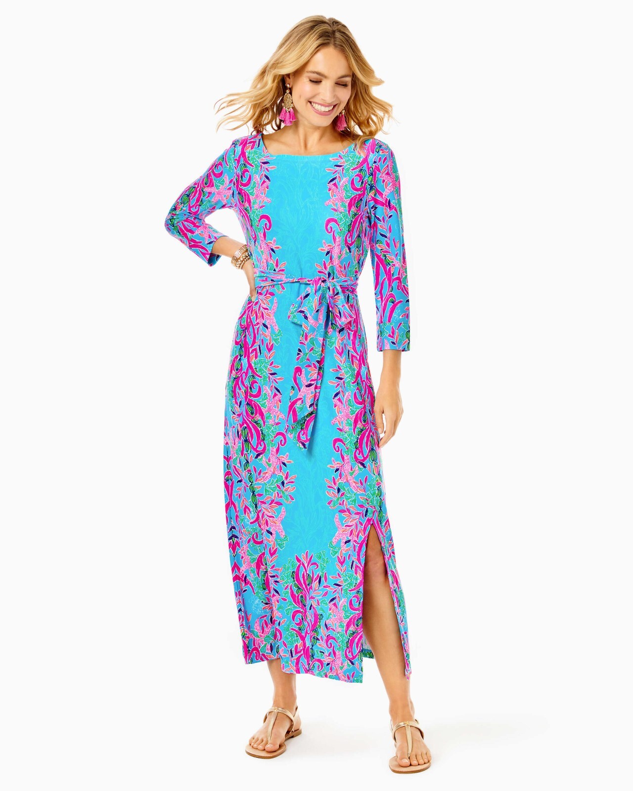 Pre-owned Lilly Pulitzer $298  Carabella Chillylilly Midi Dress Seaweed Samba S M L In Blue Pink Orange