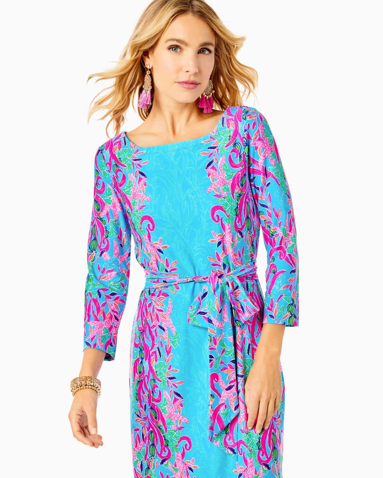 Pre-owned Lilly Pulitzer $298  Carabella Chillylilly Midi Dress Seaweed Samba S M L In Blue Pink Orange