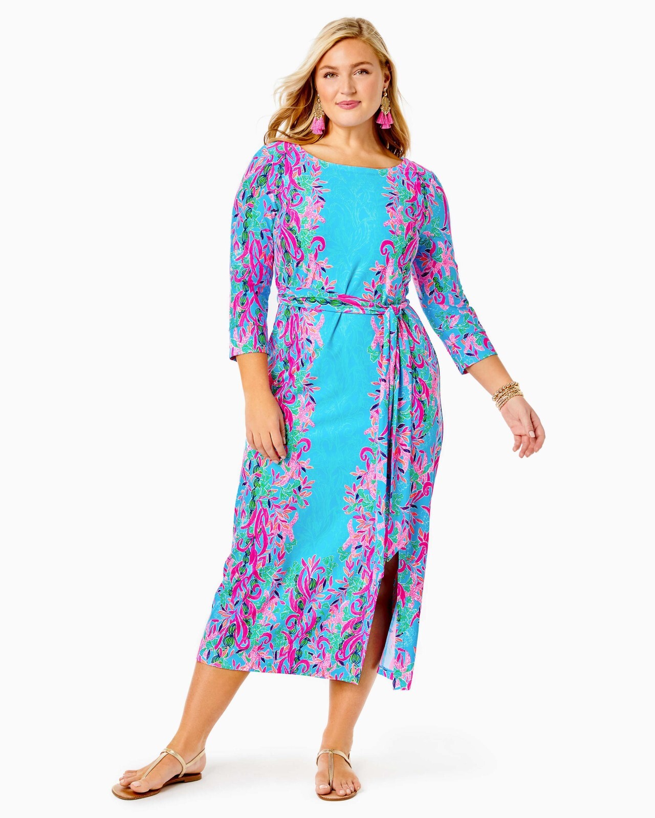 Pre-owned Lilly Pulitzer $298  Carabella Chillylilly Midi Dress Seaweed Samba S M L In Blue Pink Orange