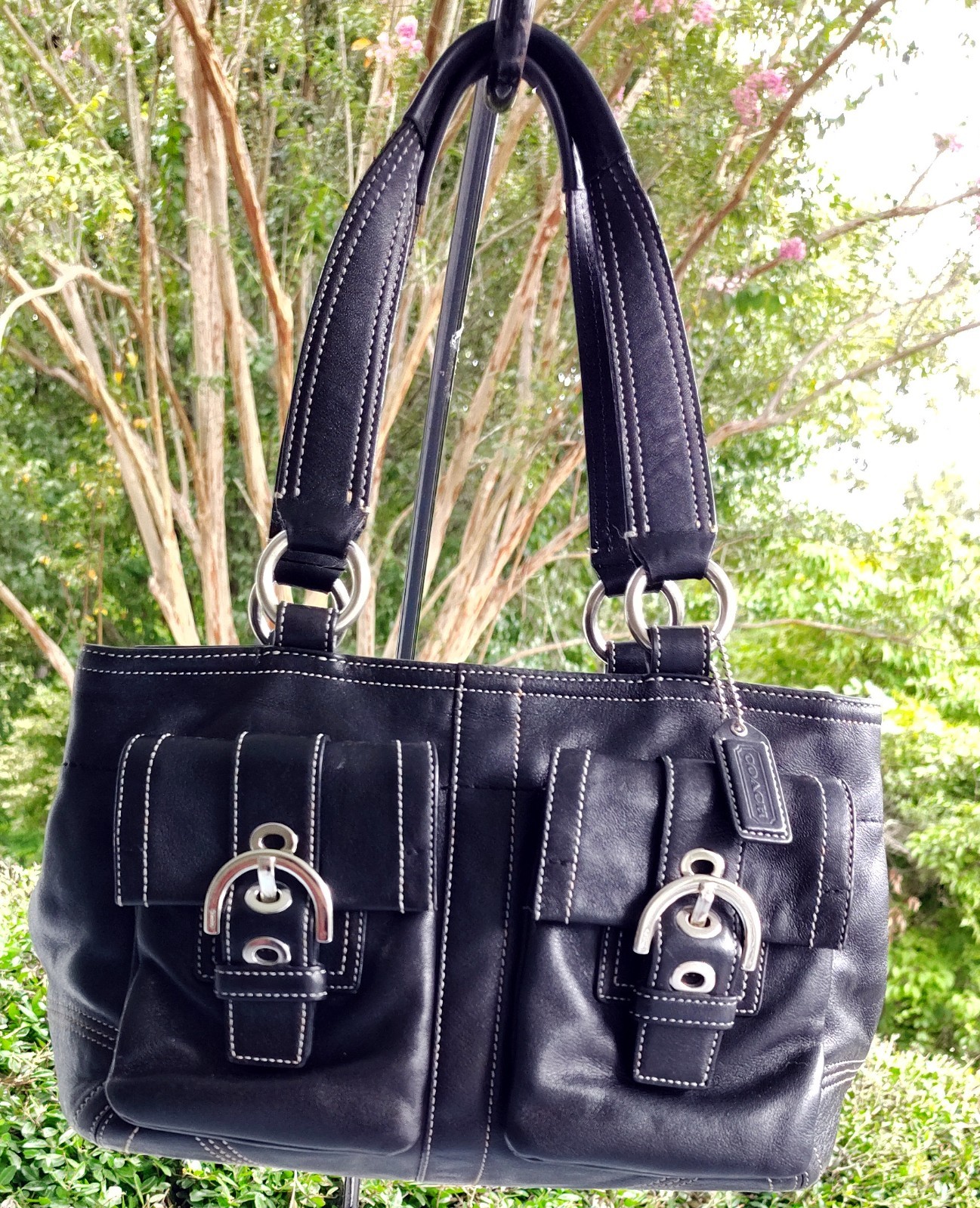 バッグ COACH SOHO LEATHER POCKET TOTE BAG y2k Coach MEDIUM Vintage 8A09 Y2K Soho Black Leather Tote