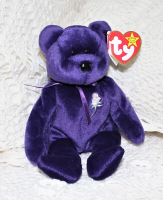 1997 Ty Princess Diana Purple Bear w/ Embroidered Rose ~ Displayed Only