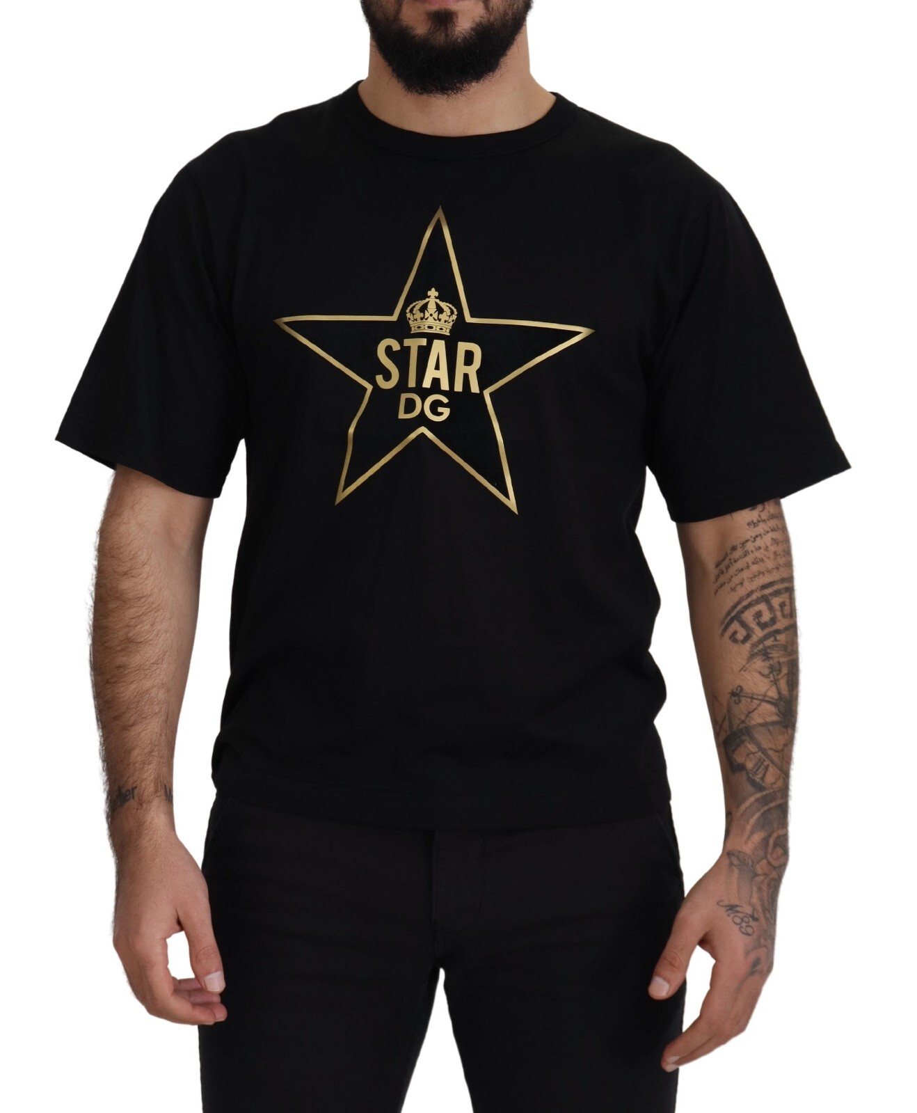 

DOLCE - GABBANA Футболка черная с принтом Crown Star DG и круглым вырезом IT44/US34/ 600usd, Черный