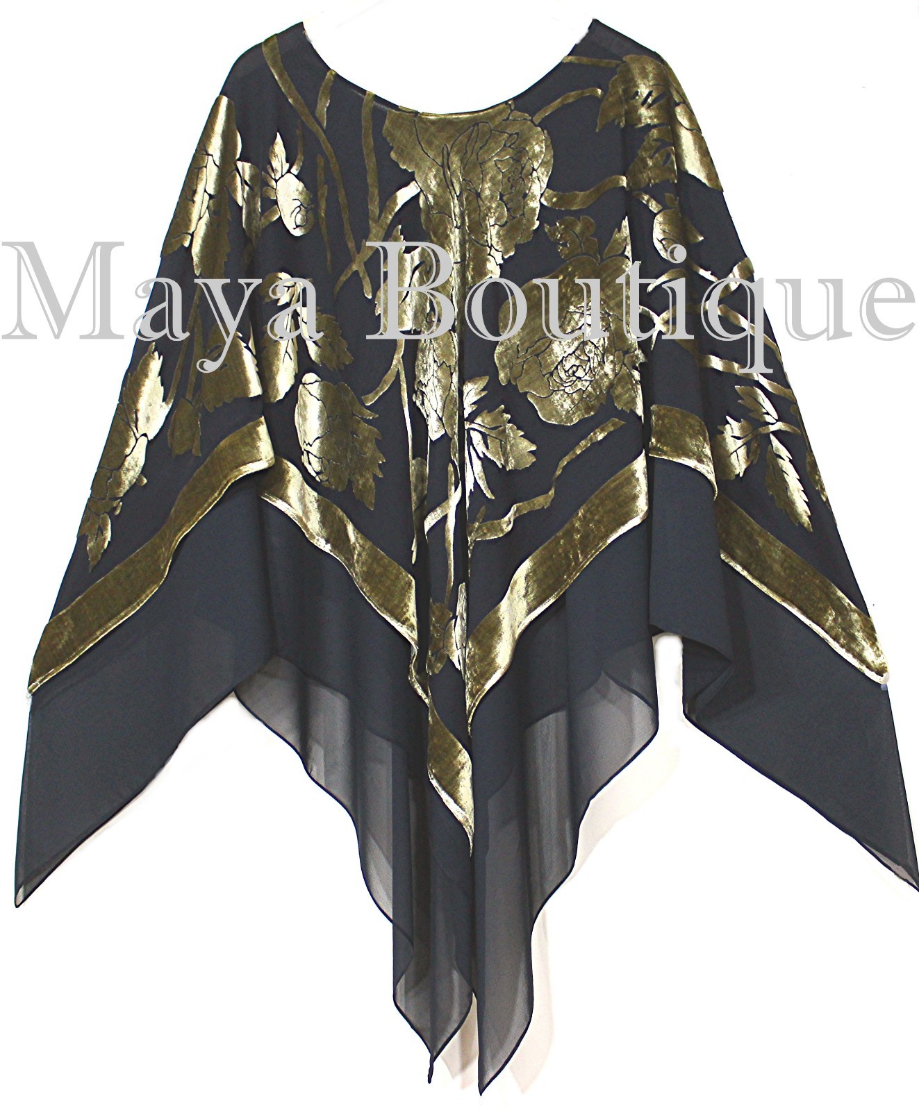 Pre-owned Maya Matazaro Layered Poncho Top Silk Burnout Velvet & Chiffon Red & Black