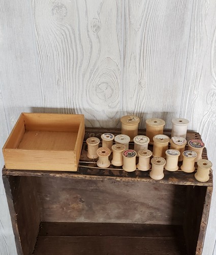 vintage wooden box and wooden spools lot