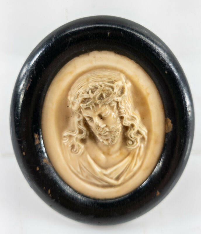 Antique Unsusual Cameo Bust Of Jesus Christ Stone Calcite Molded Religious Icon