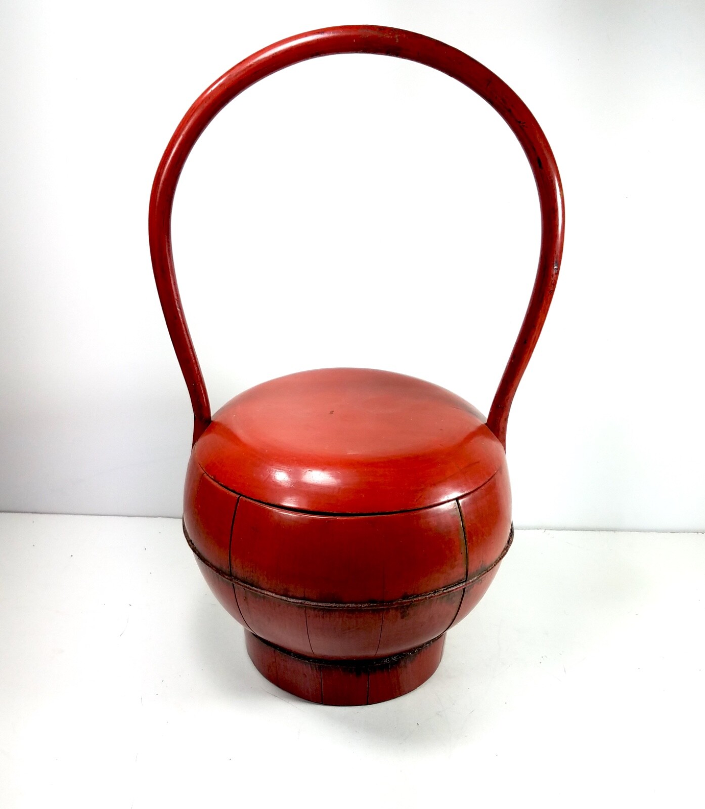 Antique Chinese Red Lacquer Wedding Basket Food Fruit Container Bucket Handle
