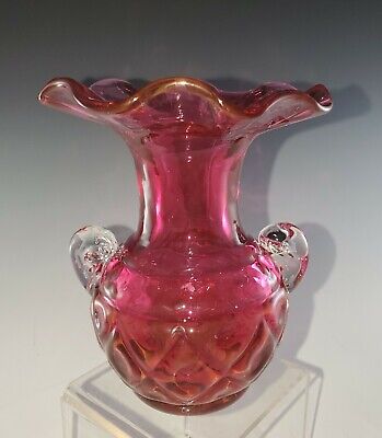 Antique Cranberry Glass Vase Dot Optic Glassware Crimped Edge Art Glass Ruffle Edge Victorian Inverted Thumbprint