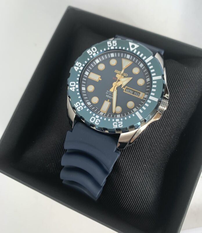 Pre-owned Seiko 5 Sports Srp605k2 Automatic Blue Bezel Rubber Strap Watch For Men