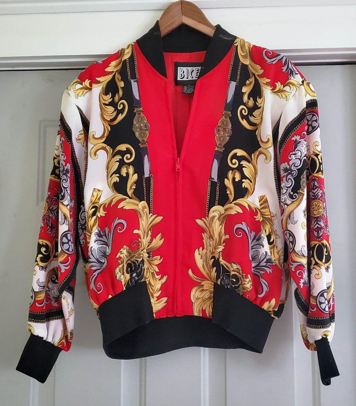 Vintage 80's Bice Red / Gold / Black Baroque Print Bomber