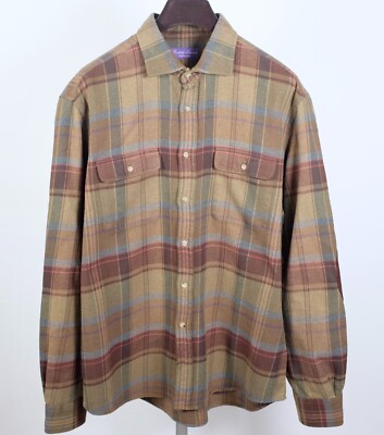 New Ralph Lauren Purple Label sz XL shirt plaid leather suede elbow patches