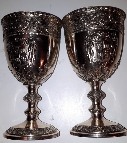 TWO BEAUTIFUL LARGE WINE CHALICES-PLATED EMBOSSED METAL-EXCELLENT-NEW & UNUSED