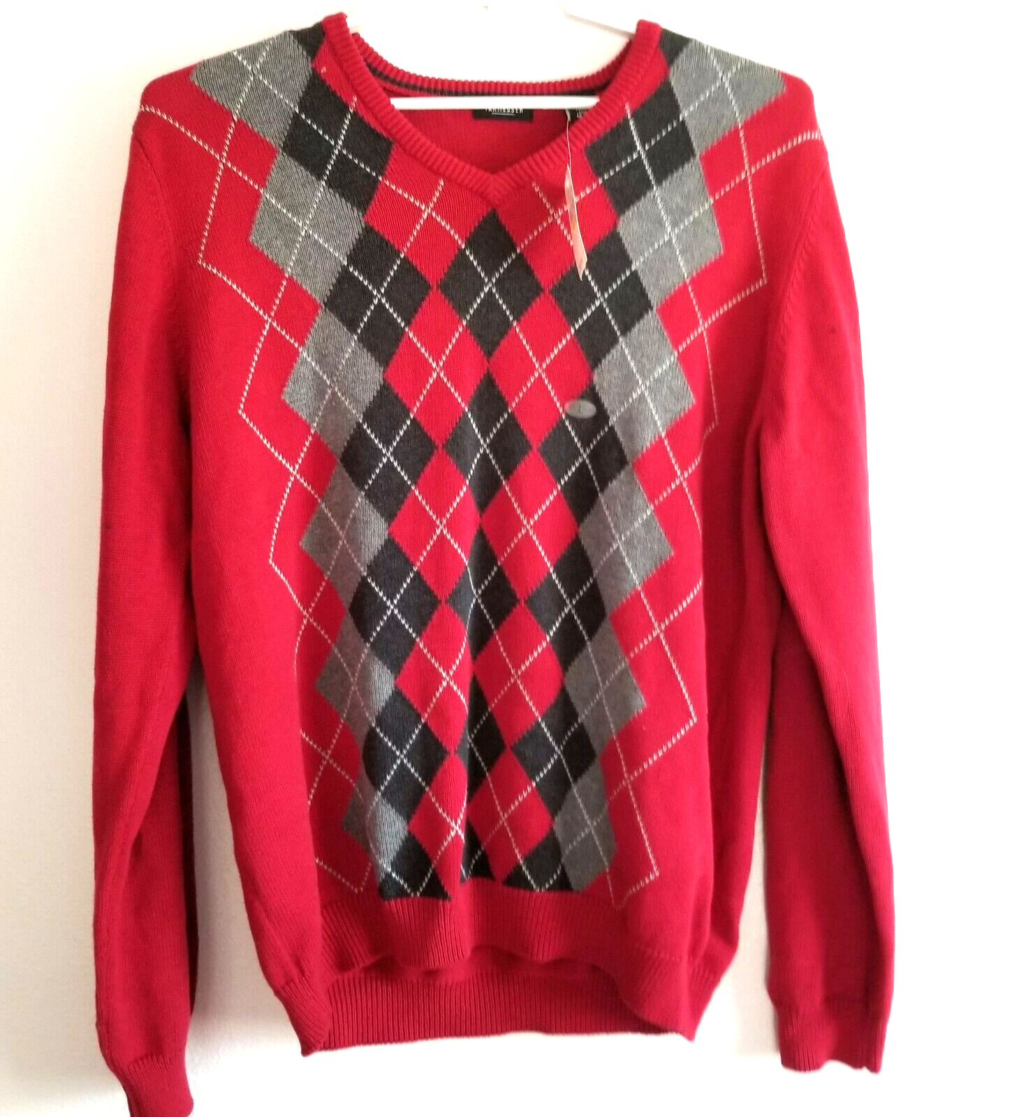 NEW Mens Argyle Sweater Red V-neck Diamond Pattern Knit
