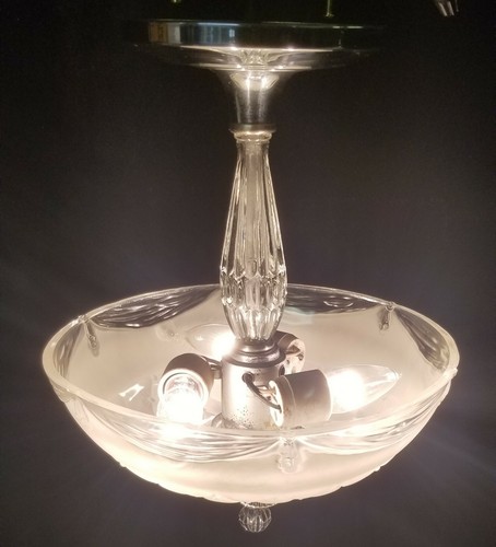 Vintage 40's Art Deco Glass Ceiling Light Lamp Fixture chandelier chrome antique