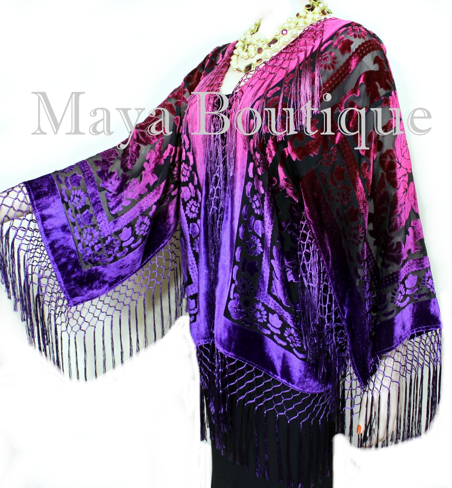 Pre-owned Maya Matazaro Art To Wear Burnout Velvet Kimono Jacket Hand Dyed Violet Magenta  In Violet Magenta Ombre