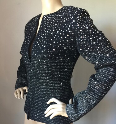 Pre-owned St. John Couture St John Knit Couture Sz 6 Black Caviar Jewel Jacket Wool Rayon