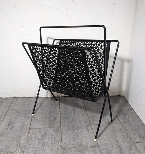 Vintage Mid Century Modern Atomic Black Metal Iron Magazine