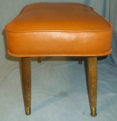 Vintage Vinyl Top Padded Foot Stool Seat Rust Brown Wood Legs Retro Mid Century