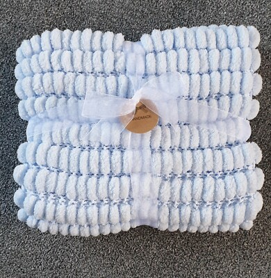 Hand Knitted Super Soft Baby Pom Pom Blanket in baby blue sirdar sweetie 