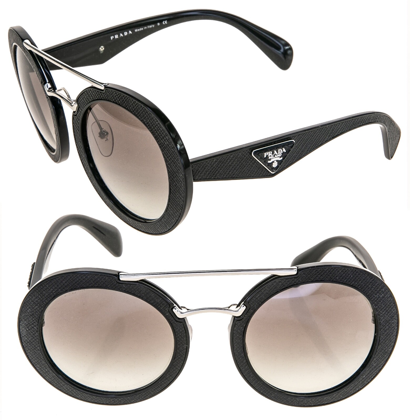 Pre-owned Prada 15s Cinema Ornate Saffiano Leather Pr15ss Black Sunglasses Triangle Logo In Gray