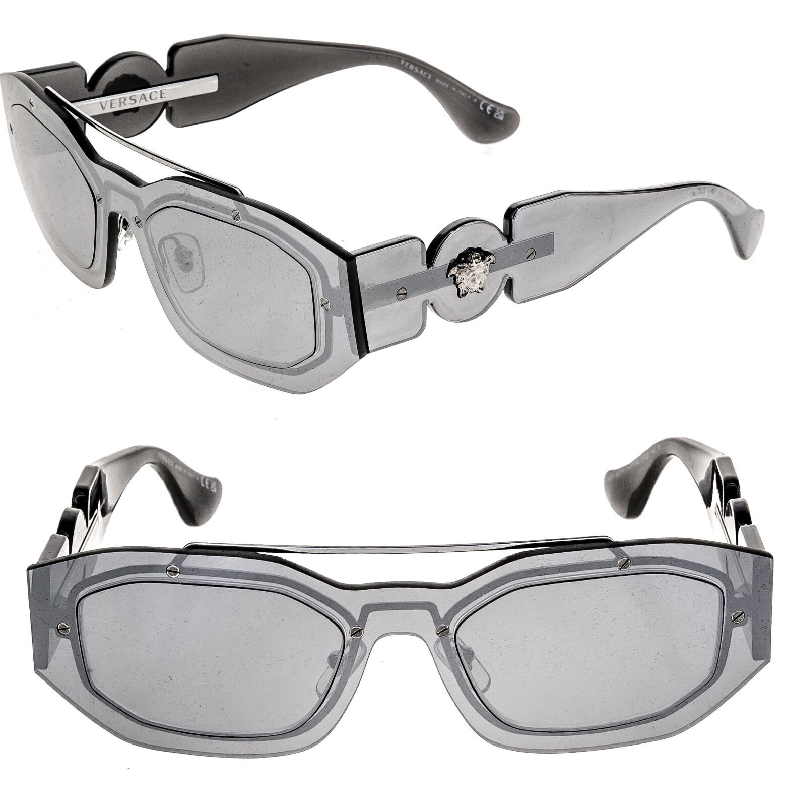 Pre-owned Versace Biggie Medusa Silver Mirrored Stud Unisex Mask Sunglasses Ve2235 2235 In Gray